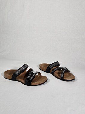 VIONIC Orthotic BLACK & TAN Adjustable Straps Rhinestone Sandals Women's Size 8.